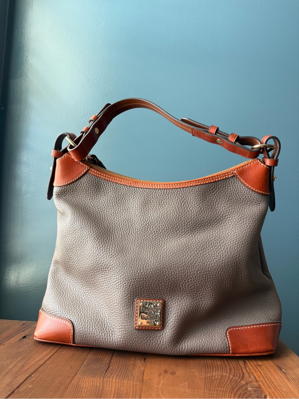 Dooney & Bourke Gray Pebble Leather Hobo with Brown Trim and Top Handle